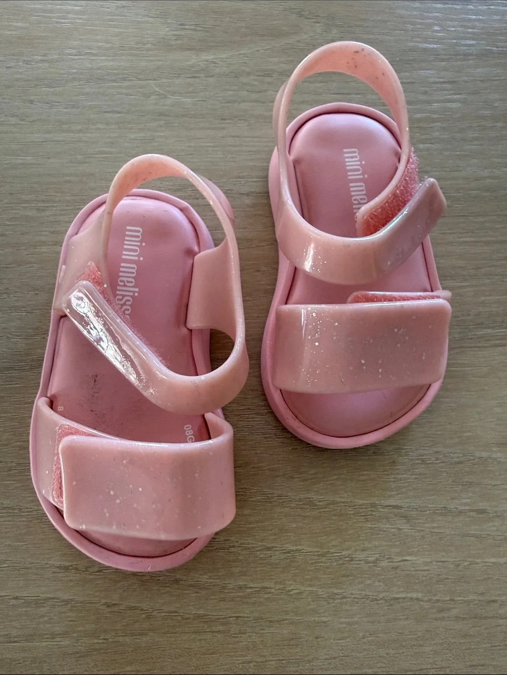 Mini Melissa Pink Glitter Jelly Sandals with Hook-and-Loop Straps